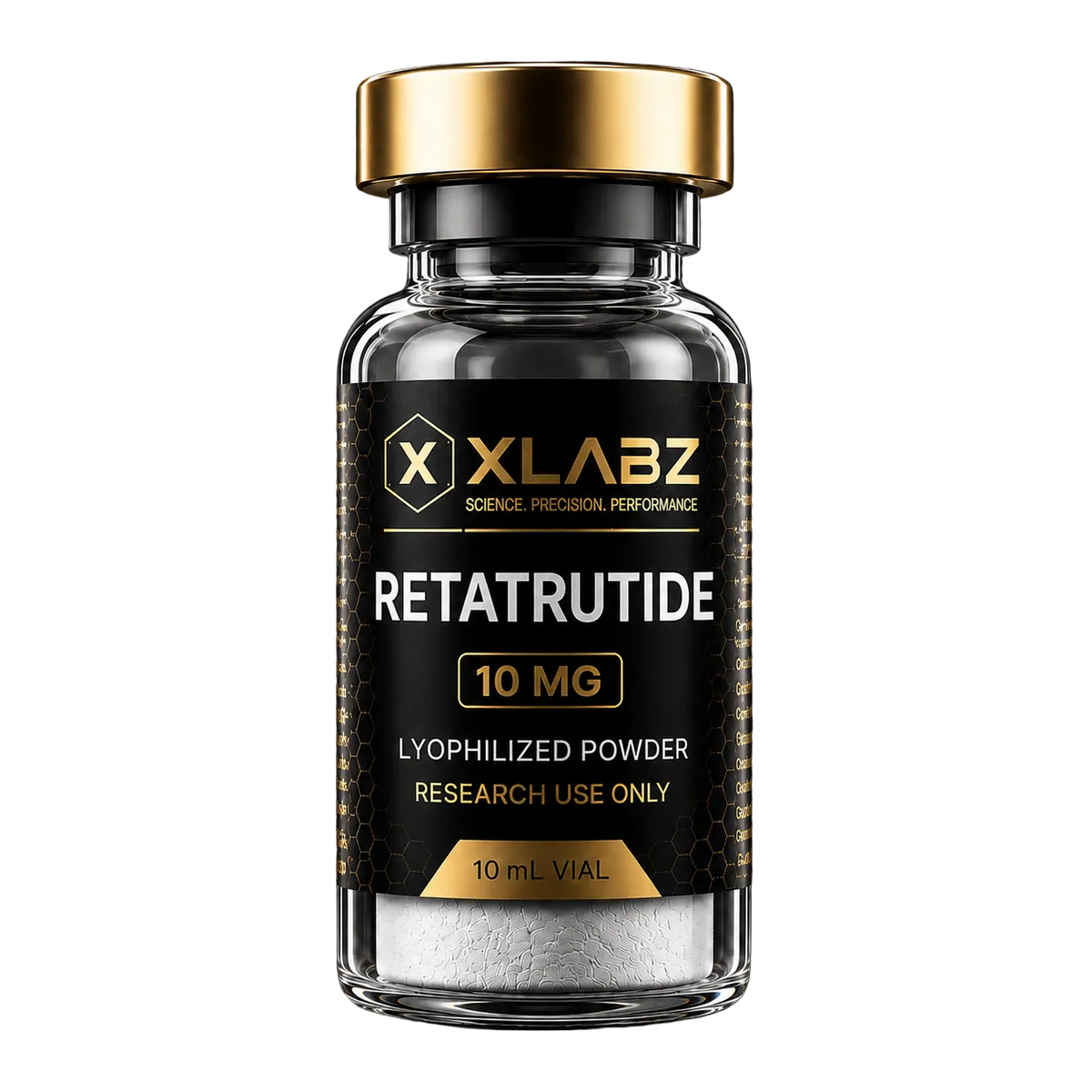 A 10 mL vial of XLABZ Retratutride 10 mg lyophilized powder, featuring a black label with gold and white text and a metallic gold cap, set against a solid black background.
