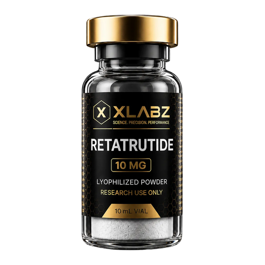 A 10 mL vial of XLABZ Retratutride 10 mg lyophilized powder, featuring a black label with gold and white text and a metallic gold cap, set against a solid black background.
