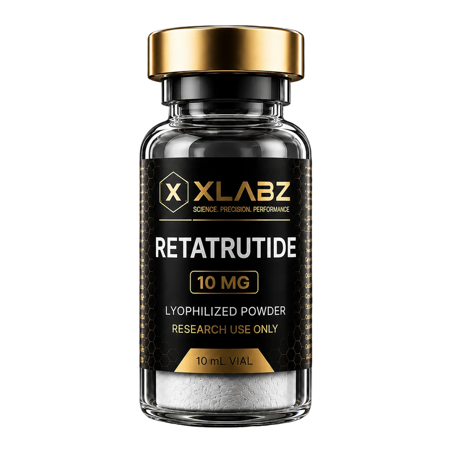 A 10 mL vial of XLABZ Retratutride 10 mg lyophilized powder, featuring a black label with gold and white text and a metallic gold cap, set against a solid black background.
