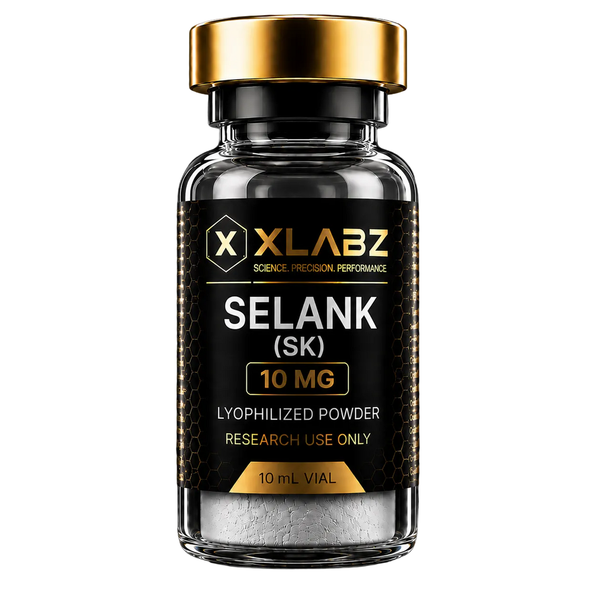 A clear glass vial with a metallic gold cap and a black label reading 'X LABZ SELANK (SK) 10 MG LYOPHILIZED POWDER RESEARCH USE ONLY 10 mL VIAL' on a black background.