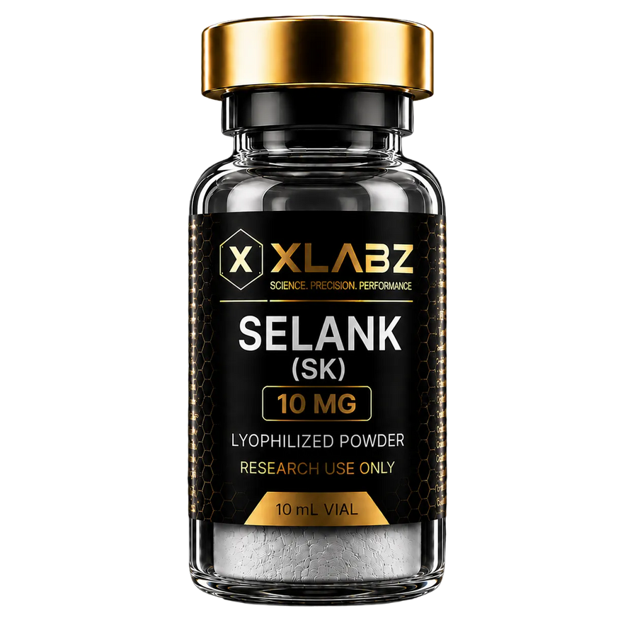 A clear glass vial with a metallic gold cap and a black label reading 'X LABZ SELANK (SK) 10 MG LYOPHILIZED POWDER RESEARCH USE ONLY 10 mL VIAL' on a black background.